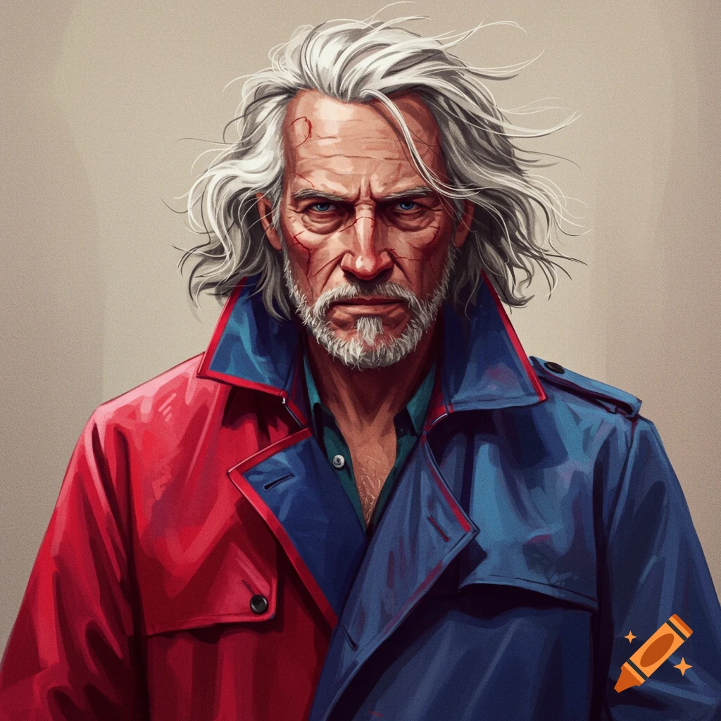 Portrait of an older man with white hair and beard wearing a split red and blue trench coat.