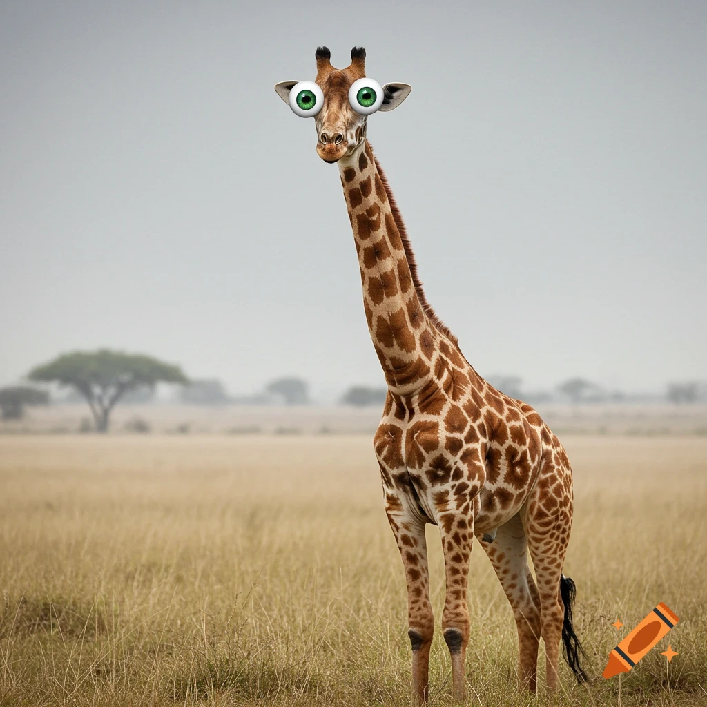 A photorealistic giraffe stands in a savanna looking forward with huge, comical googly eyes.