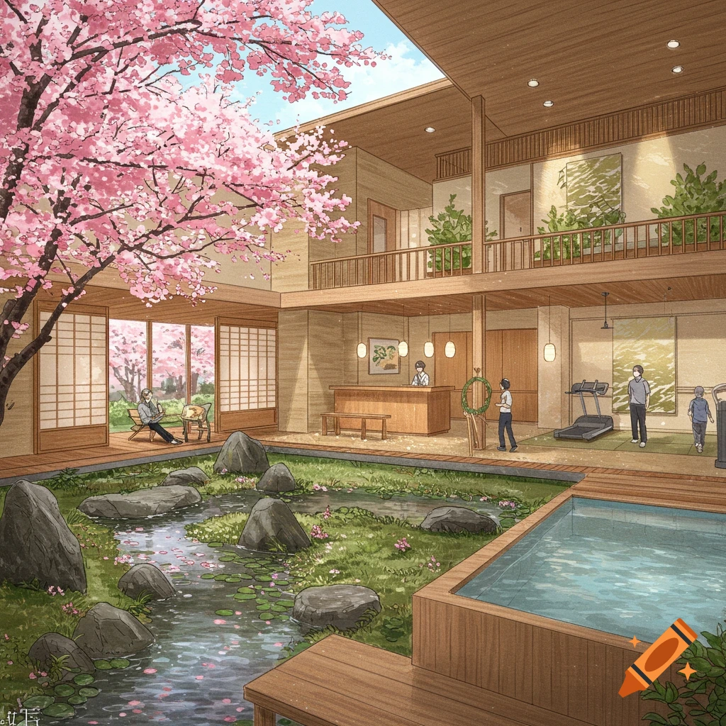 Anime style interior of a wellness center with a rock garden, pool, reception, gym equipment, and a large cherry blossom tree.
