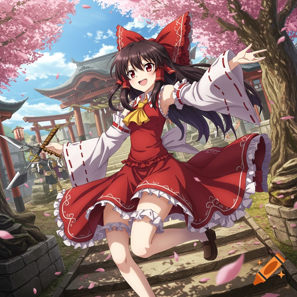 Anime girl Reimu Hakurei running up stairs at a shrine with cherry blossoms.