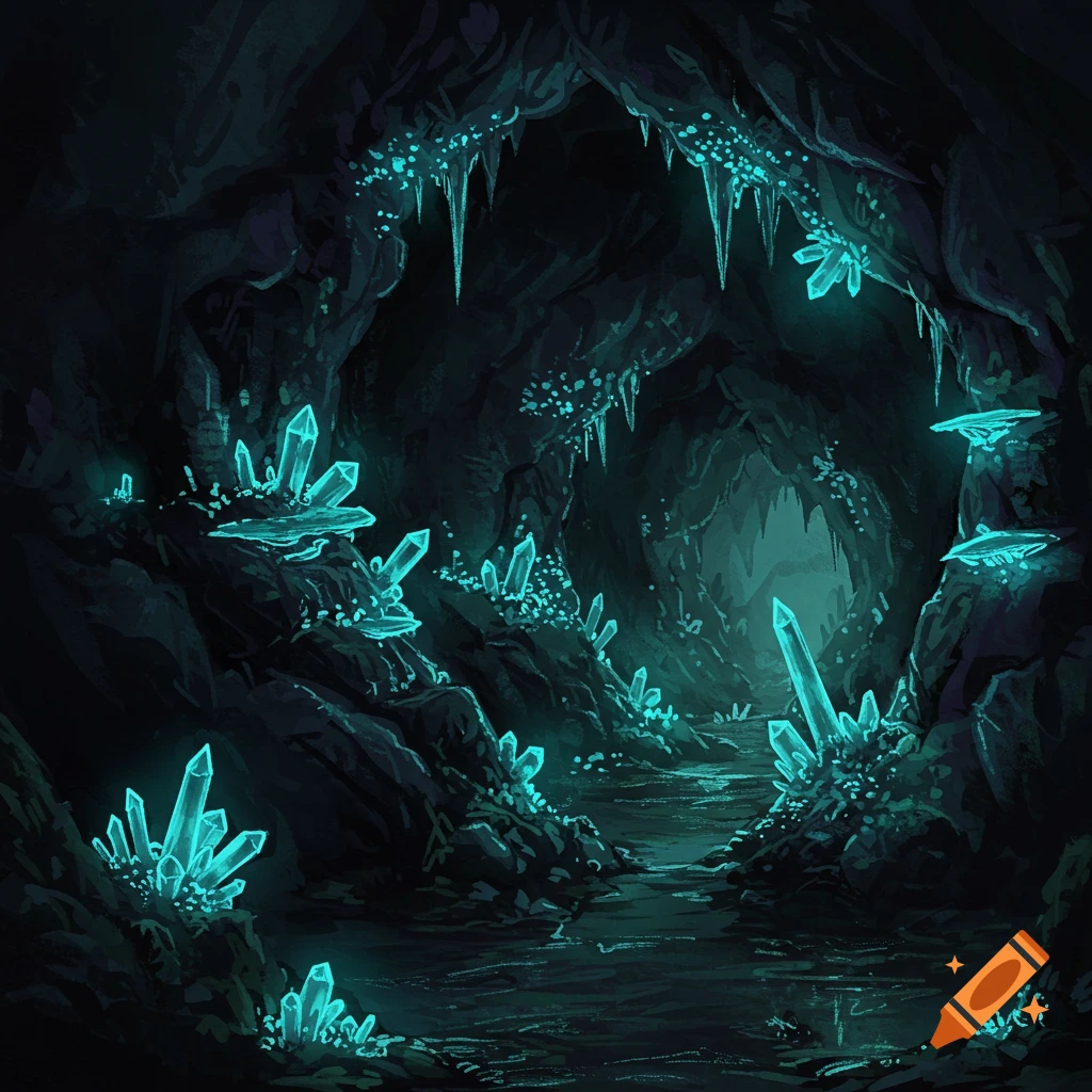 A dark cave filled with glowing blue crystals and a stream