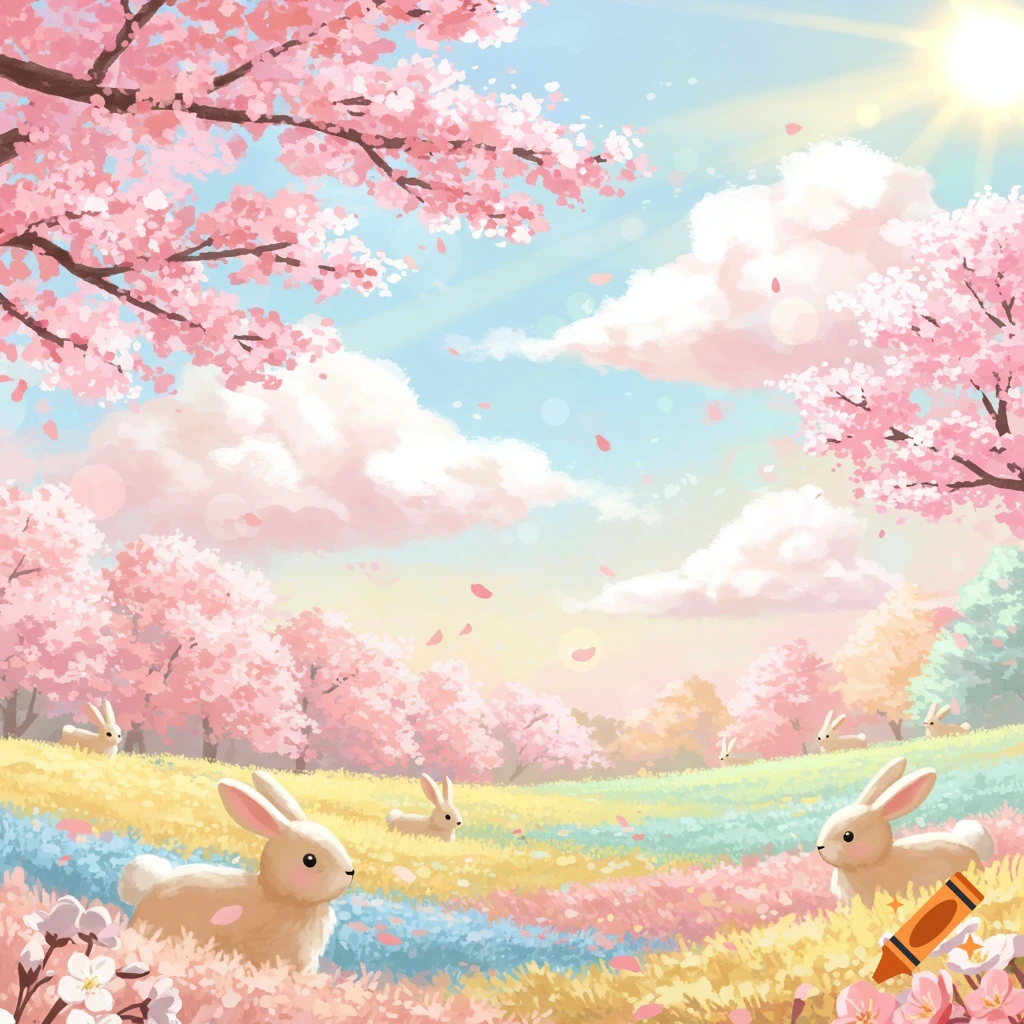 Rabbits in a spring meadow with cherry blossoms