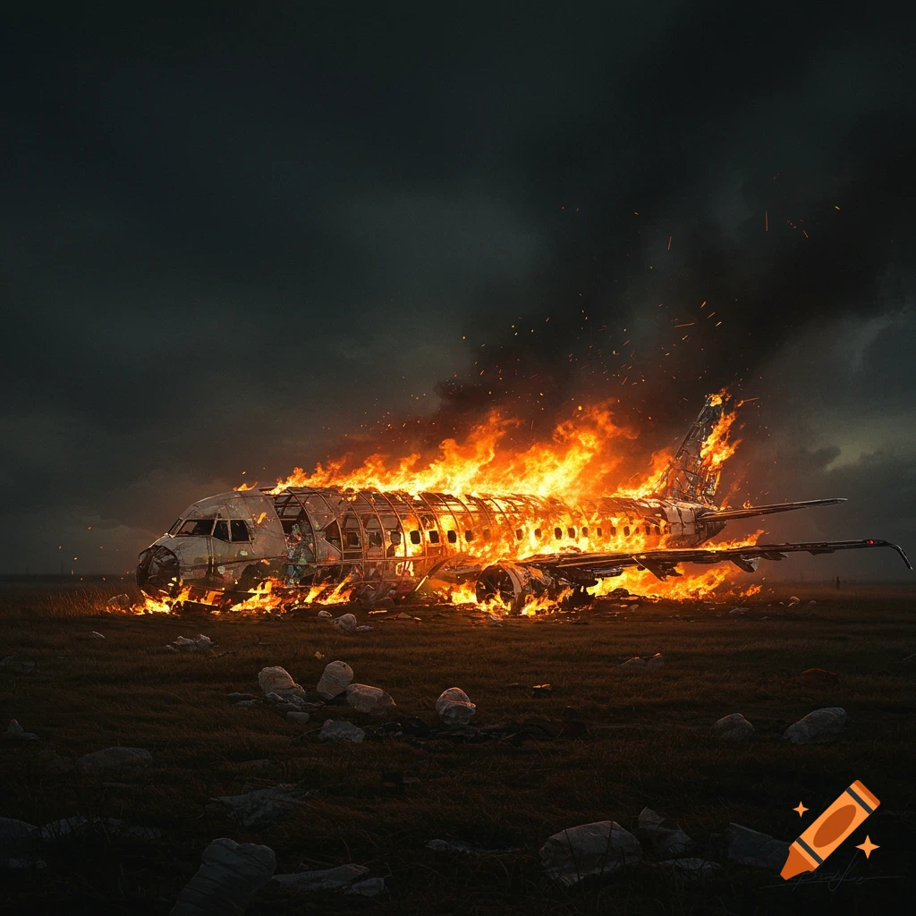 A burning airplane wreck lies crashed in a grassy field under a dark, stormy sky.