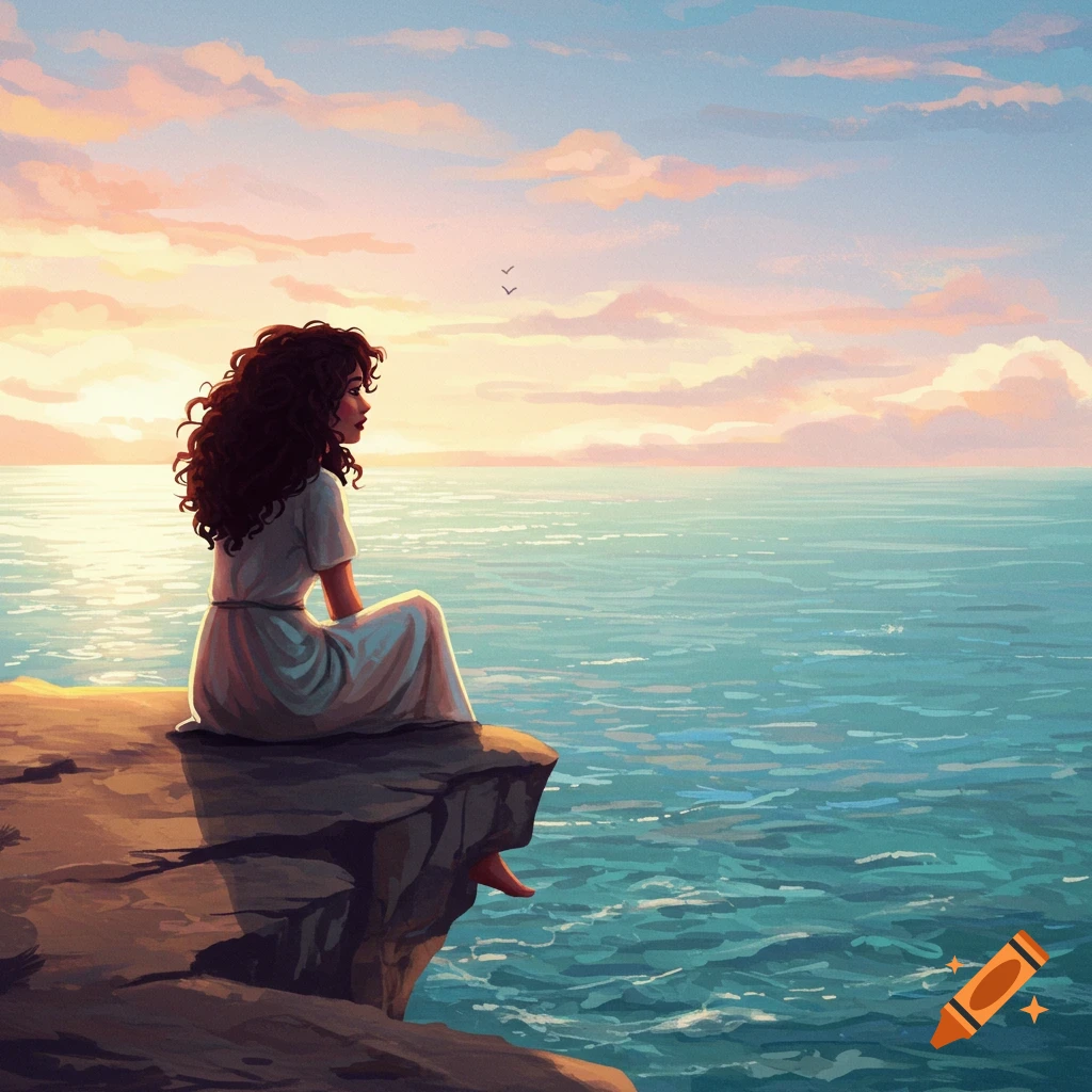 A woman sits on a cliff edge, gazing out at the ocean sunset.