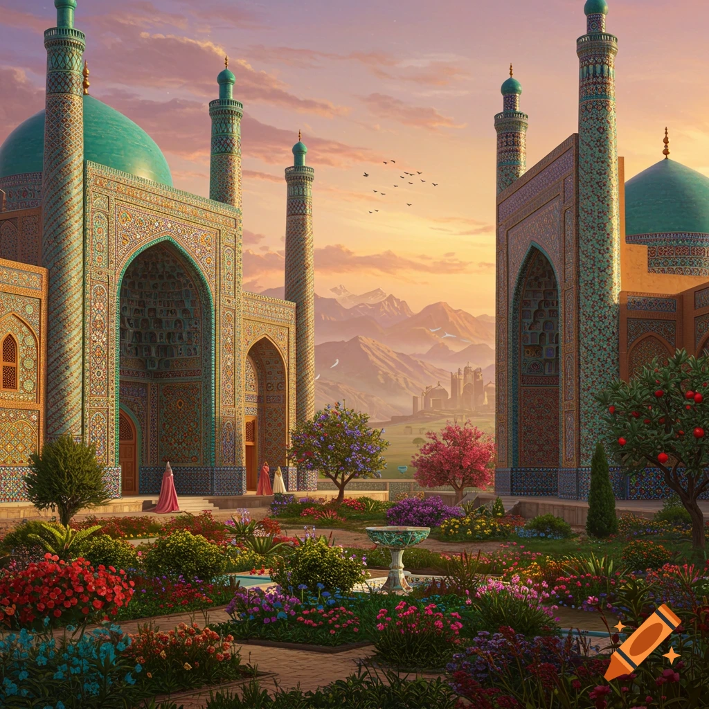 Ornate Persian architecture overlooking a vibrant garden with flowers and a fountain at sunset.