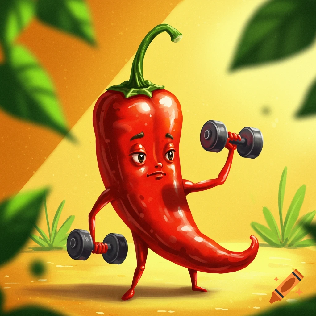 Cartoon chili pepper character lifting dumbbells.