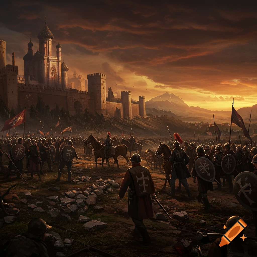 A large army of medieval knights and soldiers approaching a fortified castle at sunset.