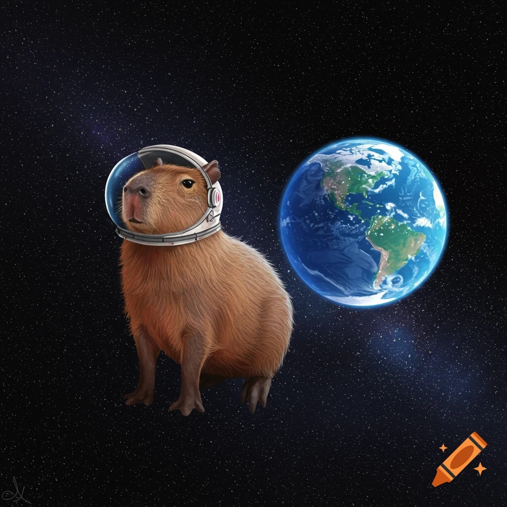 A capybara wearing an astronaut helmet is in space next to Earth.