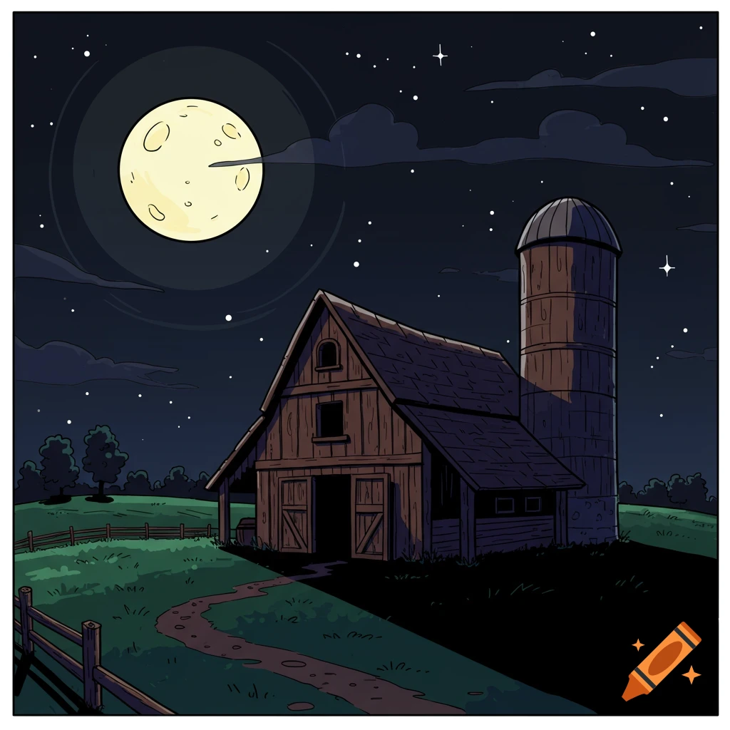Comic style illustration of a barn and silo under a large moon at night.