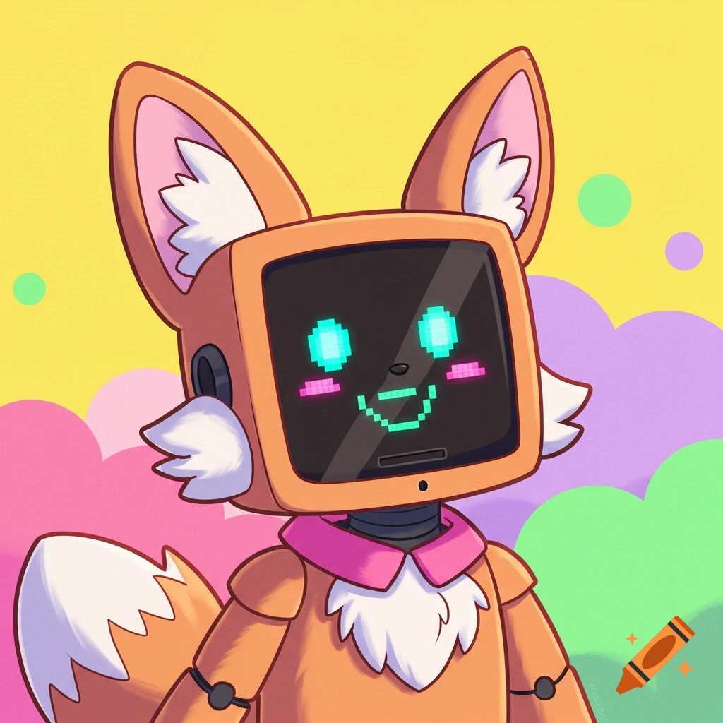 Cute comic anthro robot fox with screen face and pixel eyes against colorful background.