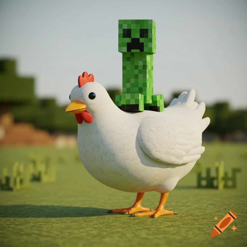 A Minecraft Creeper character riding on the back of a realistic white chicken in a grassy field.