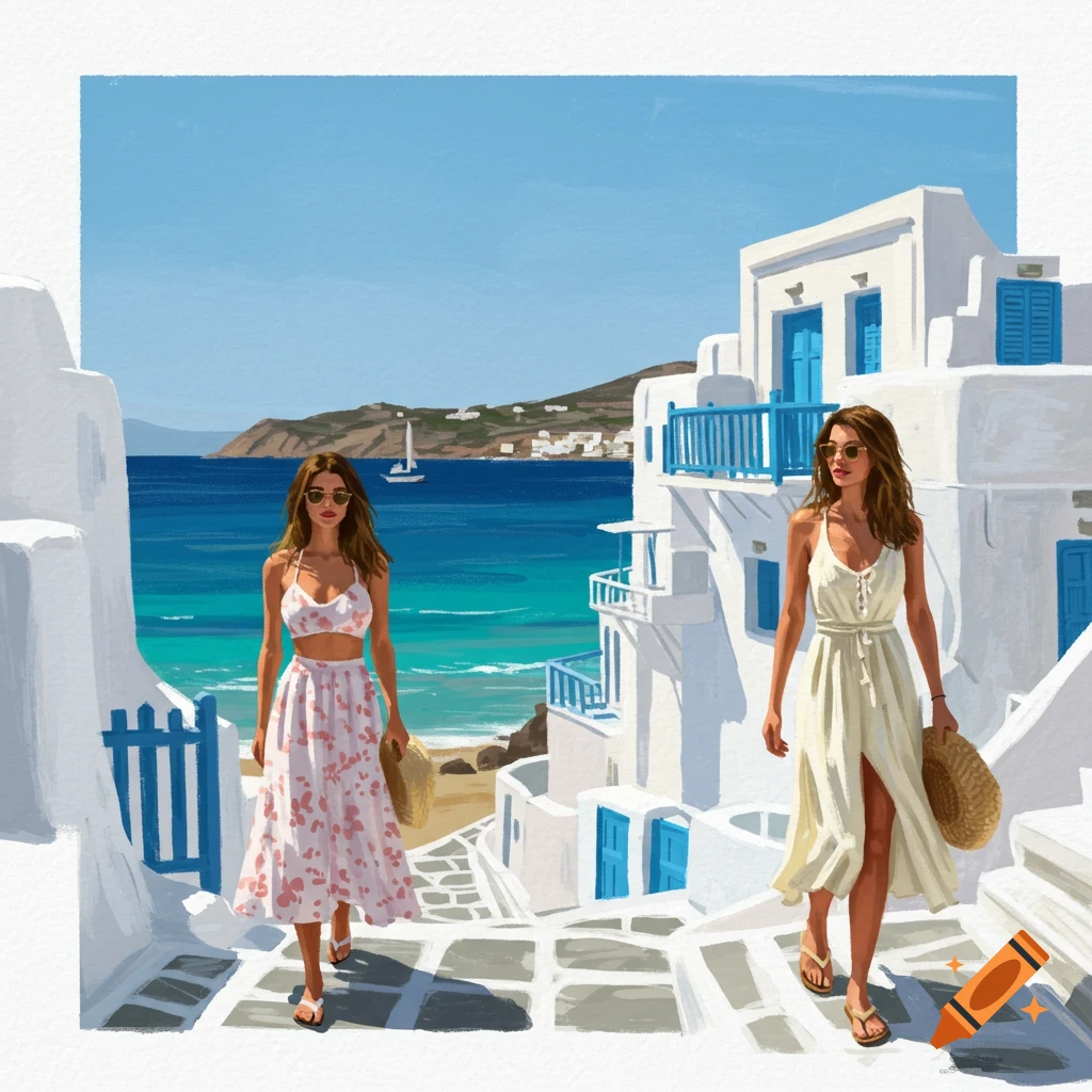 Two women walking down steps in a white Greek town overlooking the sea.