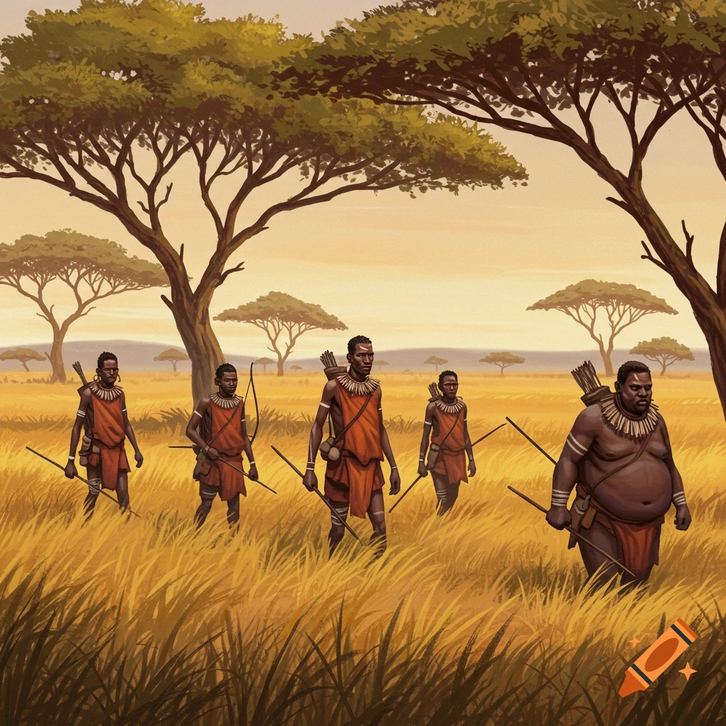 A group of hunters with bows walk through tall grass in a savanna at sunset.
