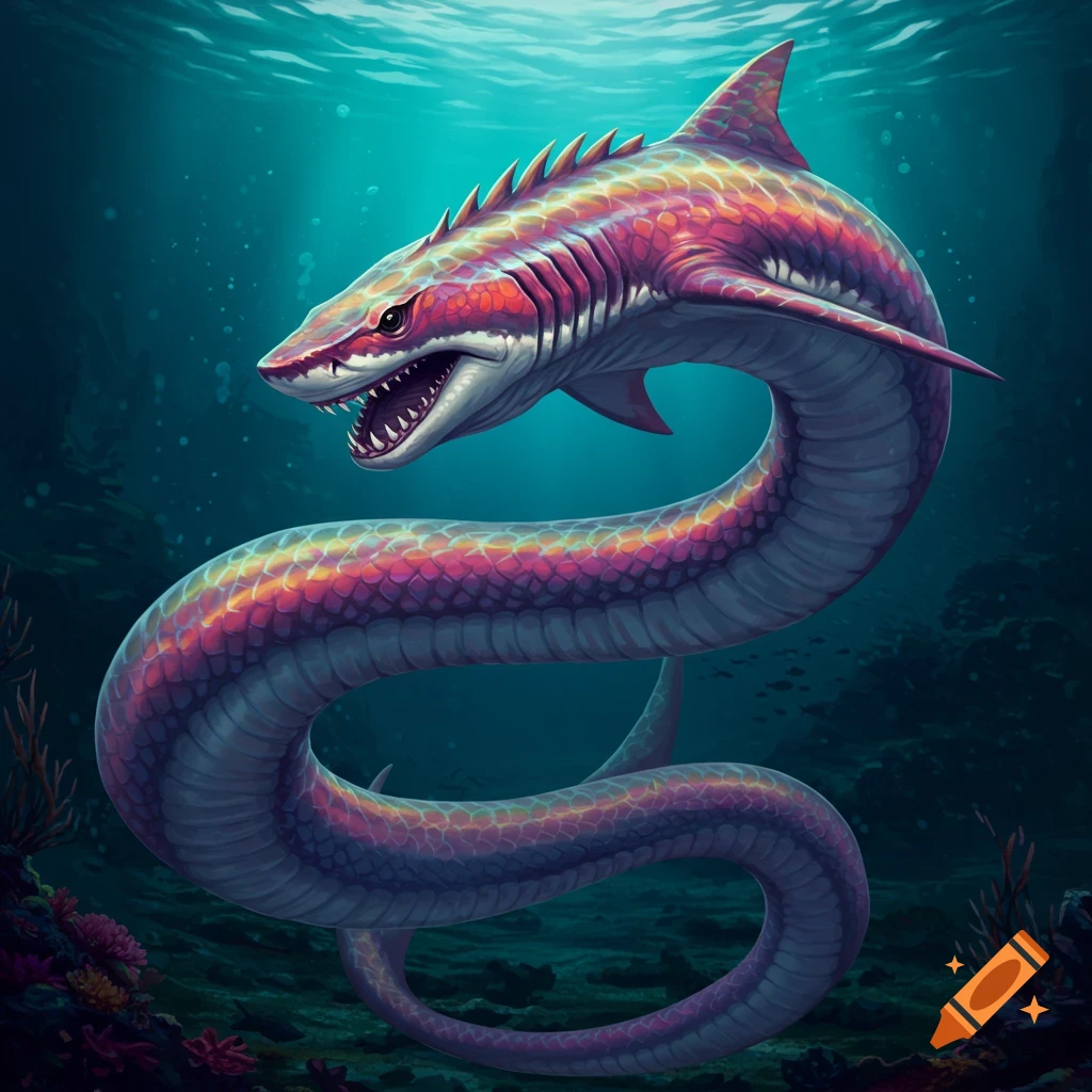 A colorful snake shark is swimming underwater.