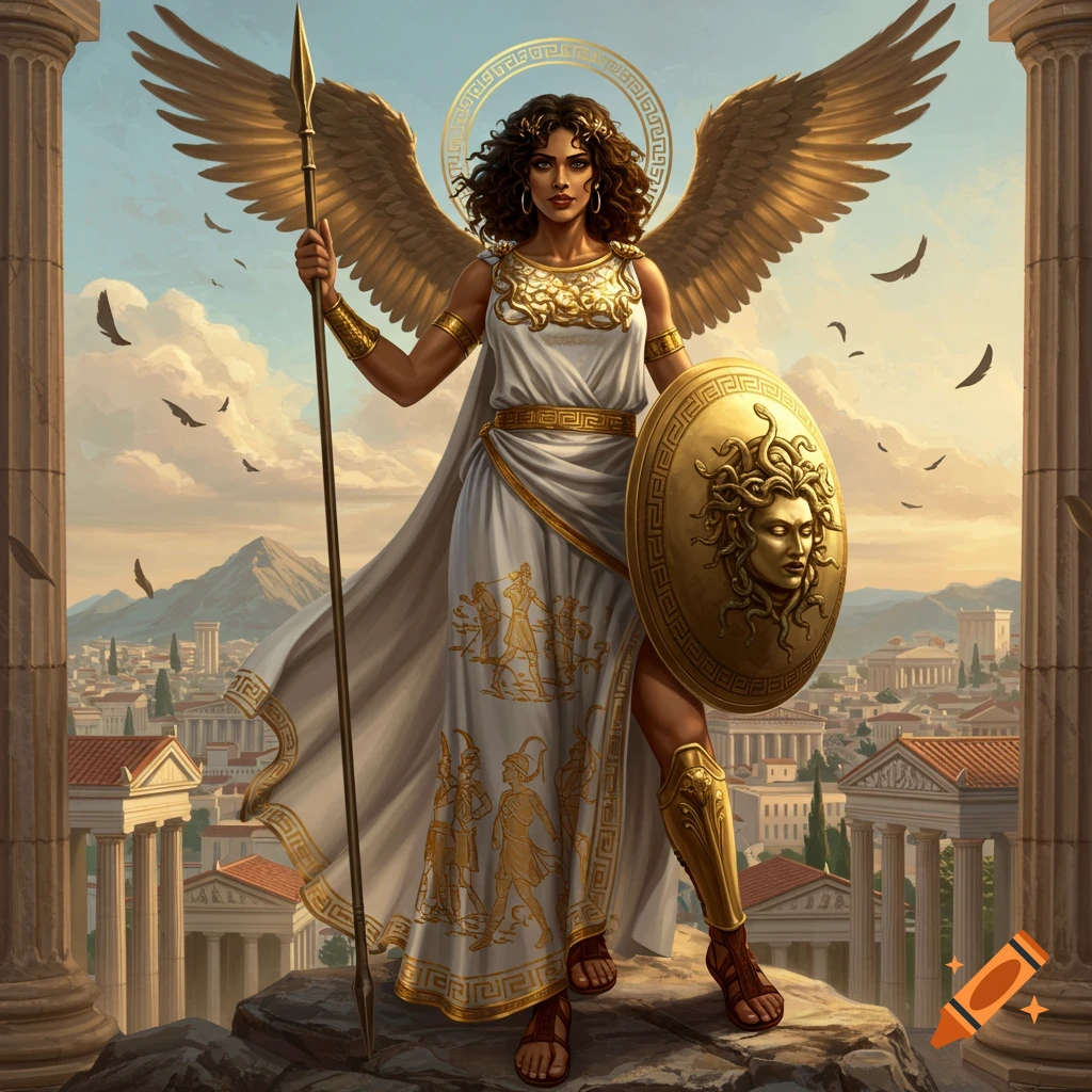A winged goddess in ancient Greek dress stands on rocks overlooking a city, holding a spear and shield.