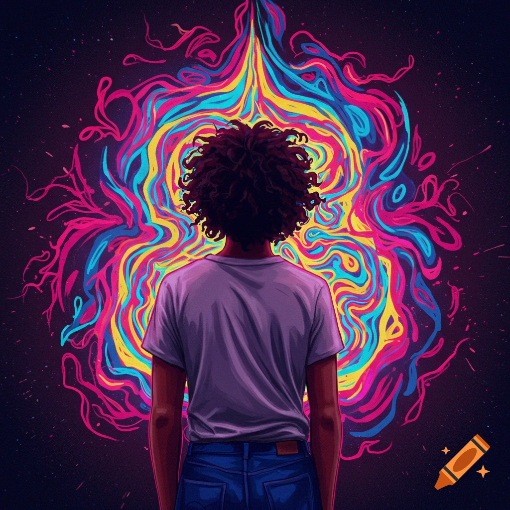 A person from behind looks at a vibrant, swirling abstract pattern.