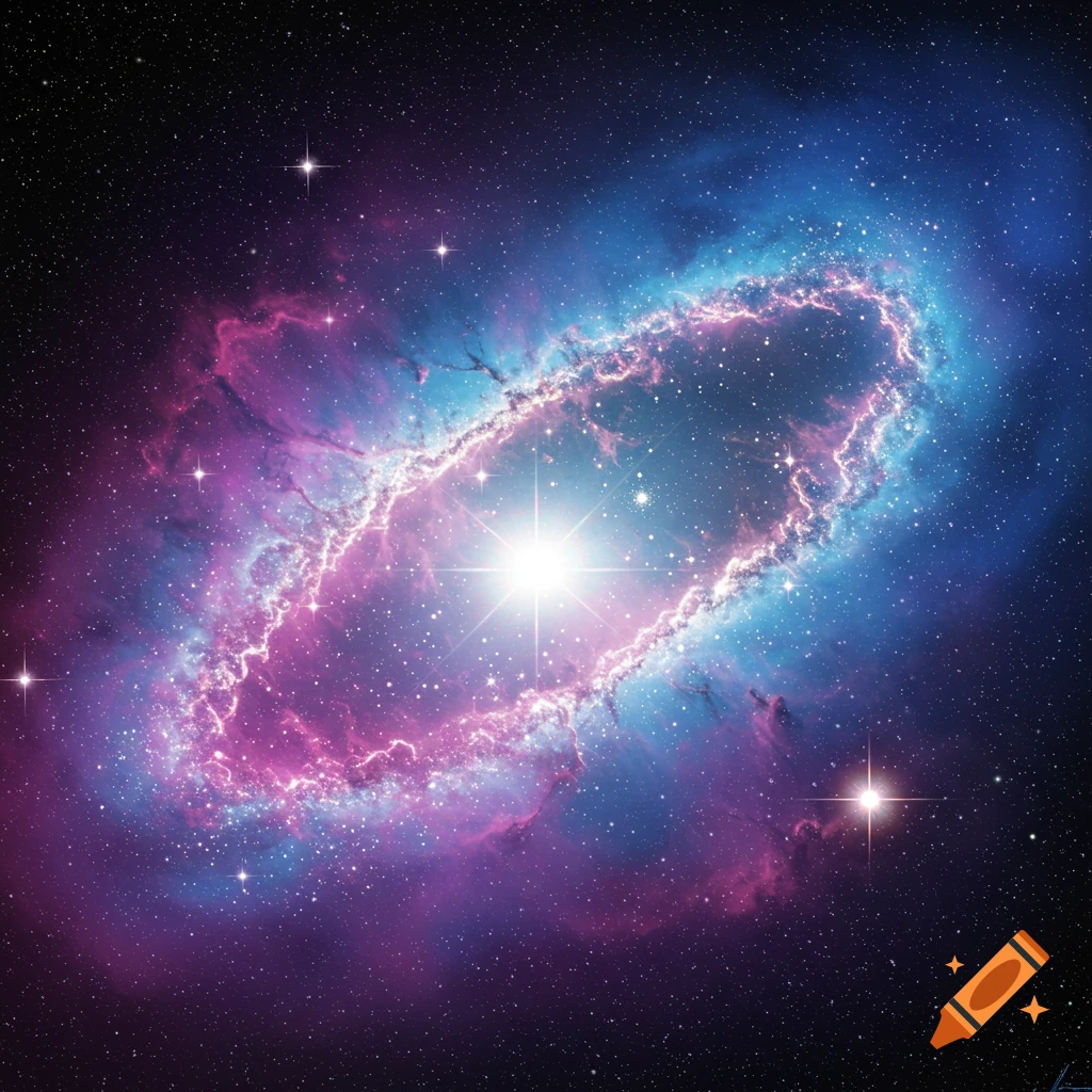A purple and blue nebula with a bright central star.