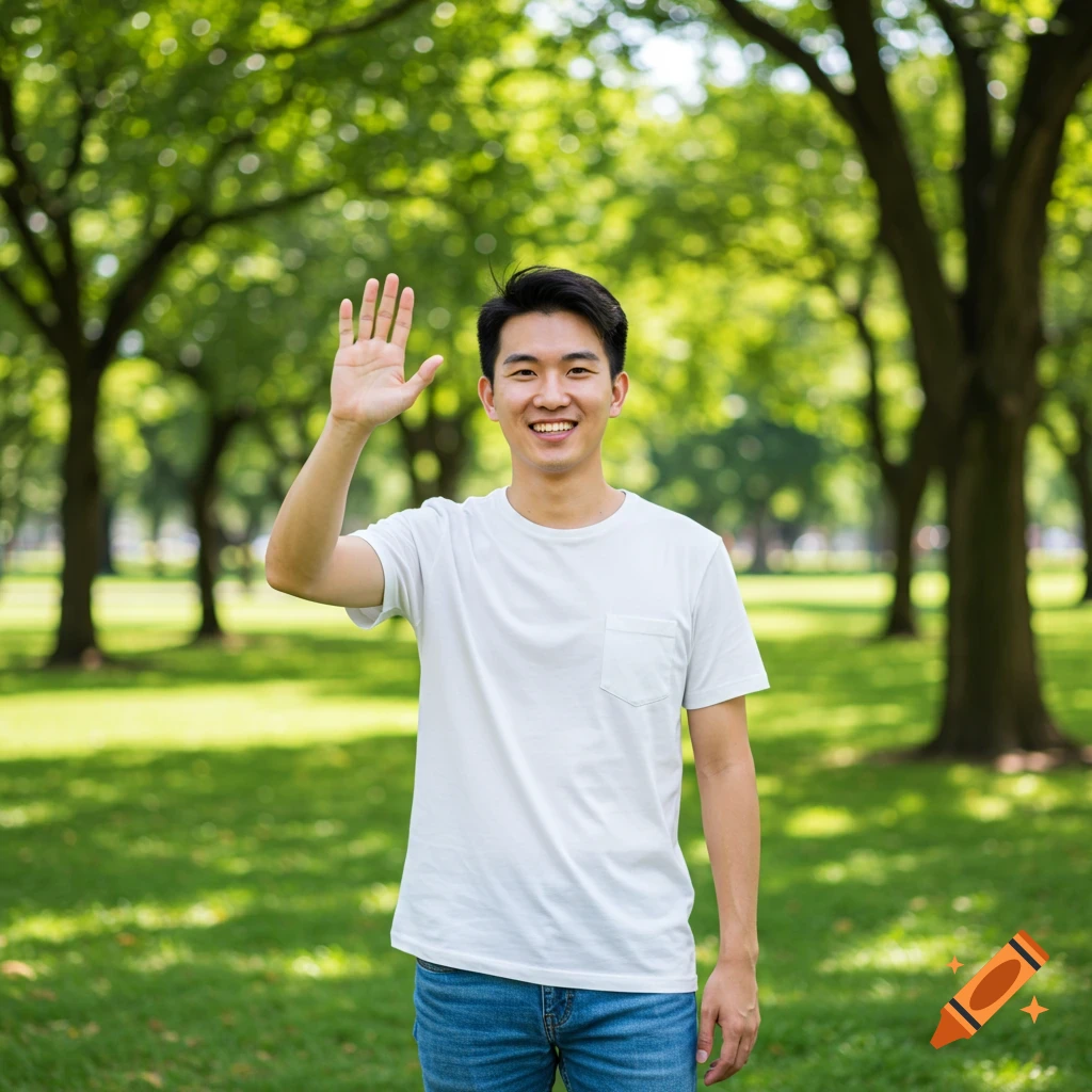 A man waves in a sunny park.
