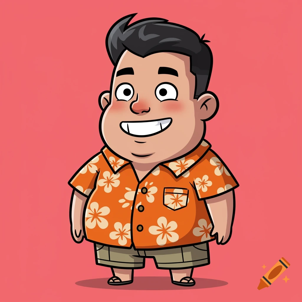 A cartoon avatar of a man wearing a Hawaiian shirt and shorts.