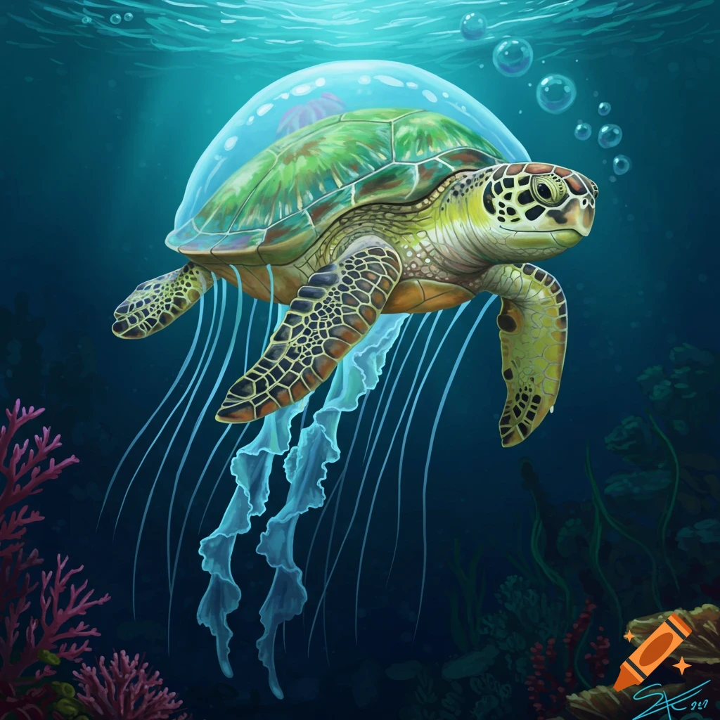 A sea turtle with a jellyfish bell swims underwater.