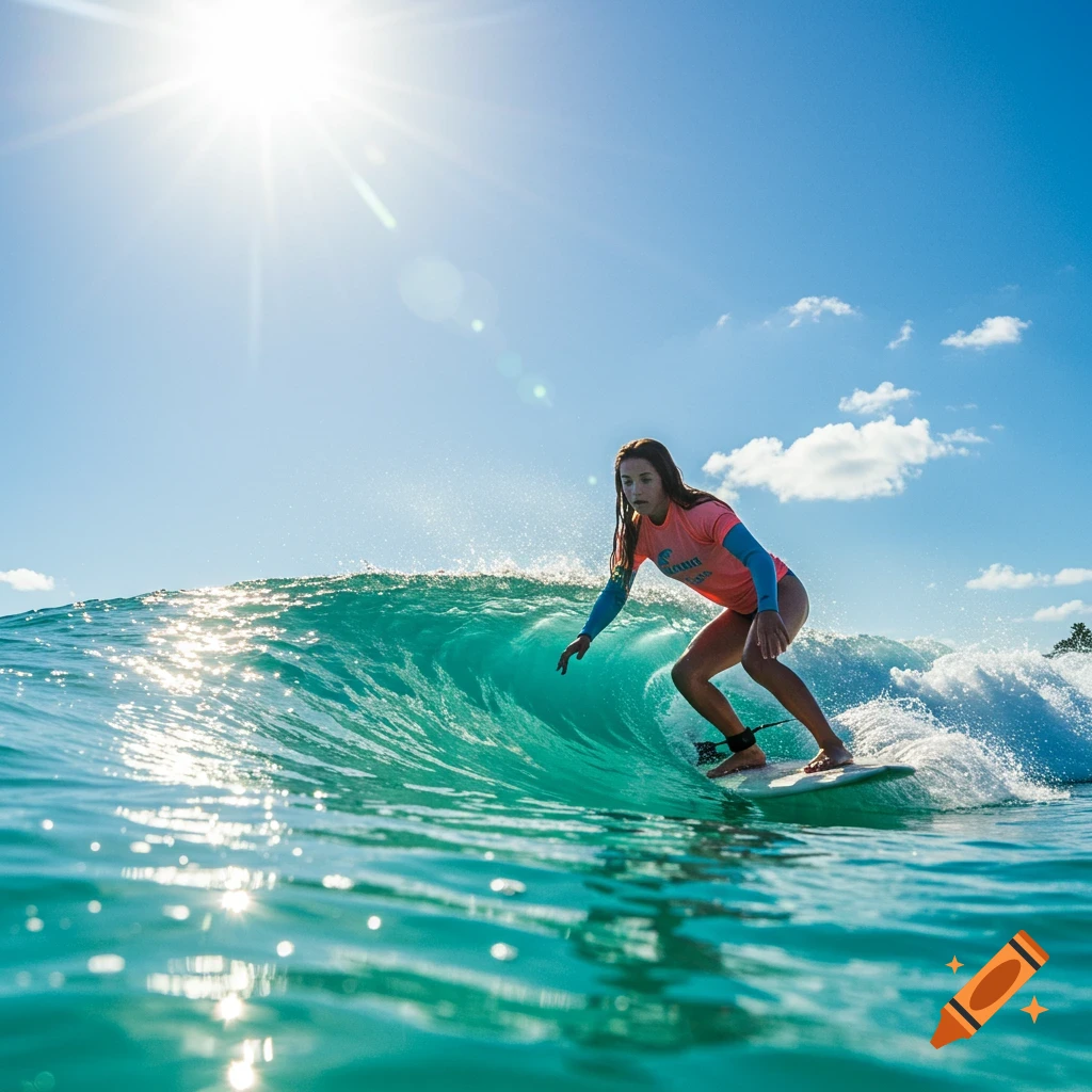 A young woman surfing on a wave in the ocean under a sunny sky.