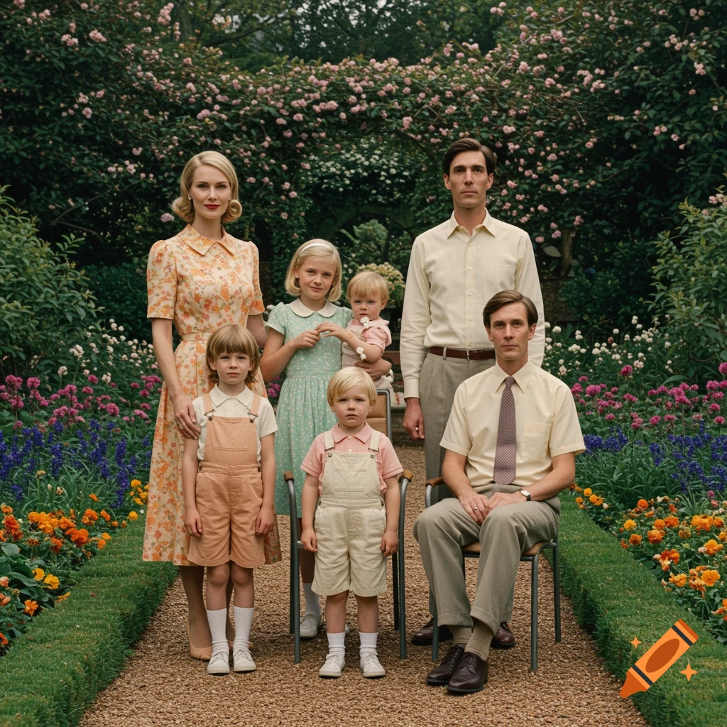 A family poses for a portrait in a garden, in the style of Wes Anderson.