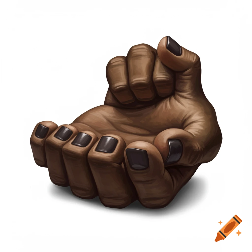 A surreal image of a chair shaped like a large brown fist with dark fingernails on a white background.