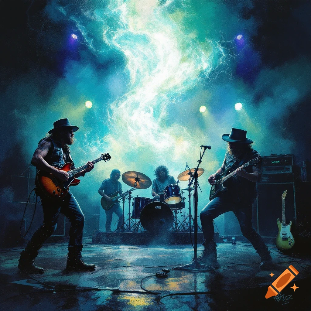 A band playing rock music on stage with dramatic blue and white lighting and smoke.