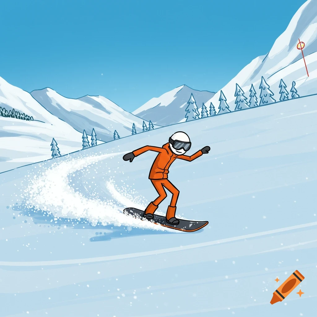 Cartoon stick figure snowboarding down a snowy mountain slope.