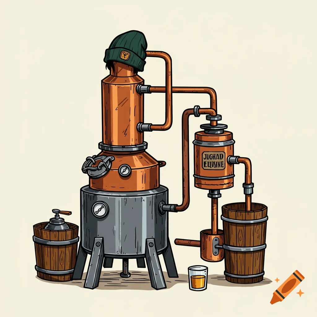 Vector illustration of a copper and metal moonshine still with wooden buckets and a glass of liquid.