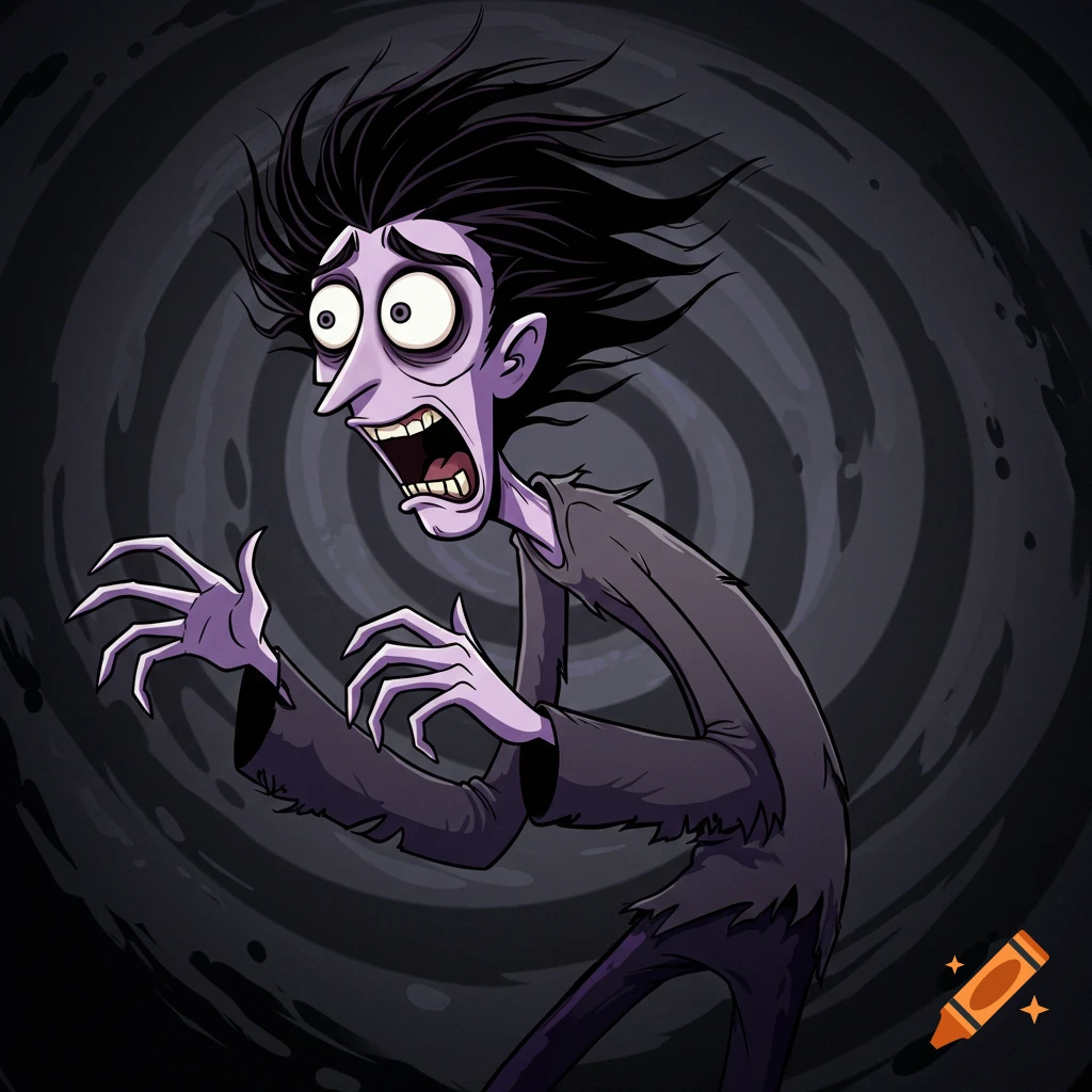 A cartoon character personifying fear, with wide eyes, mouth agape, and arms raised, against a dark swirling background.