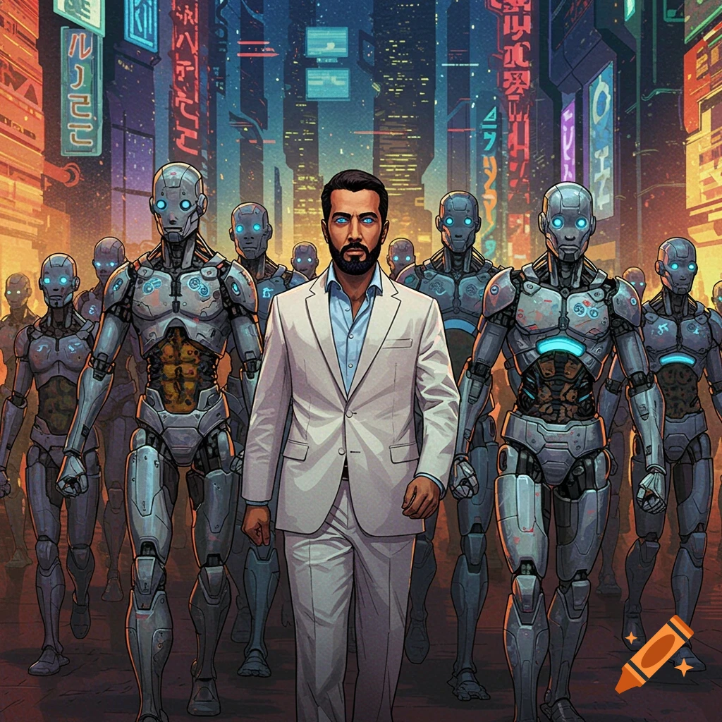 A man in a suit leads an army of robots through a futuristic city at night, digital art.