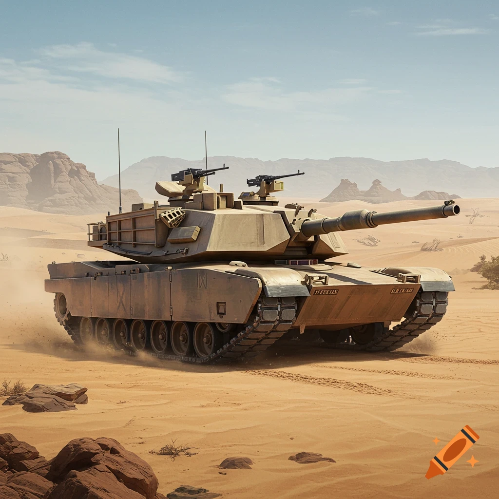 An M1 Abrams tank moving through a sandy desert landscape.