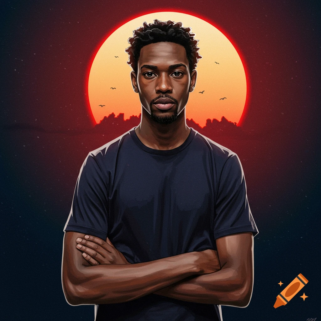 Painting of a man with crossed arms in front of a large red sun.