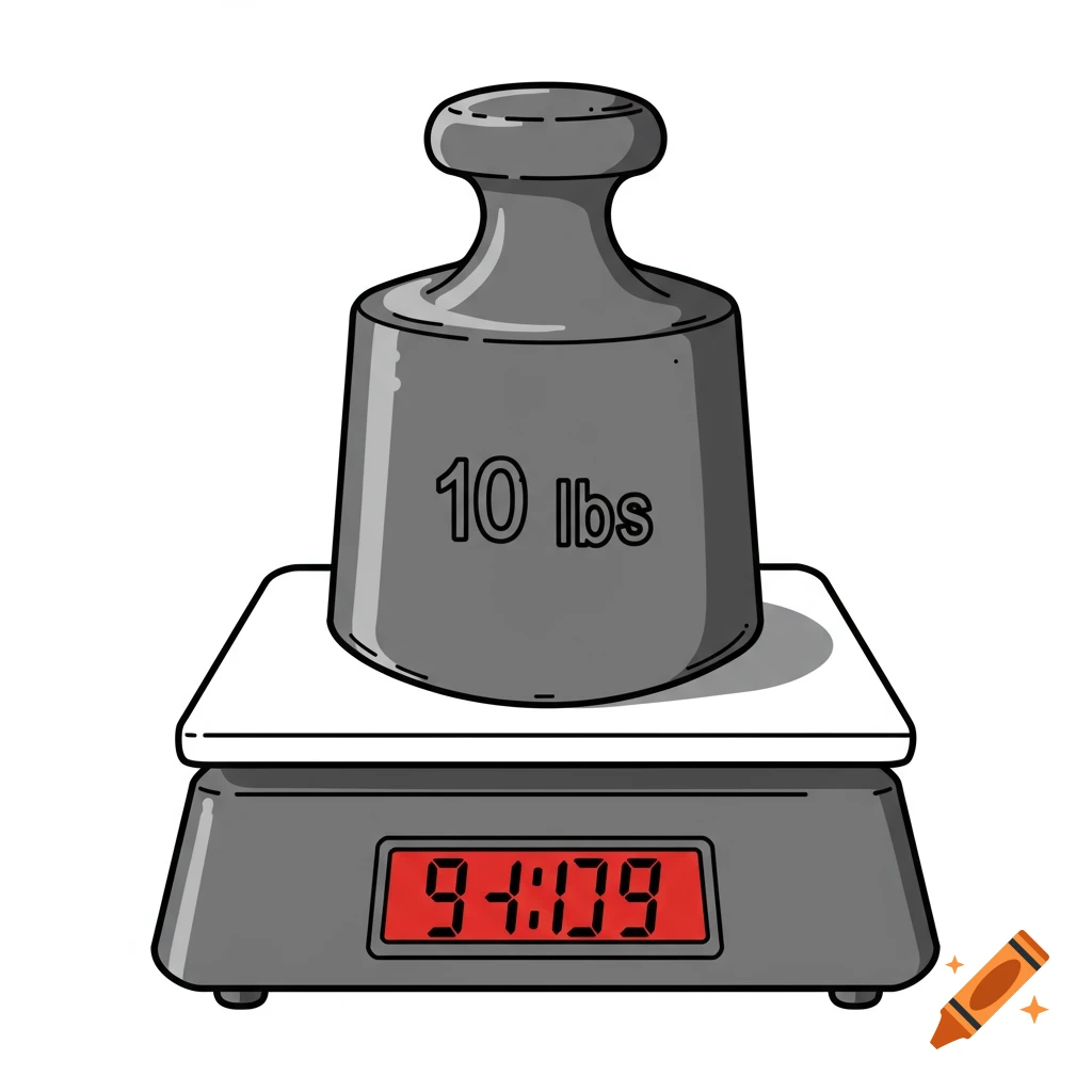 A stylized illustration of a 10 lb weight on a digital scale.