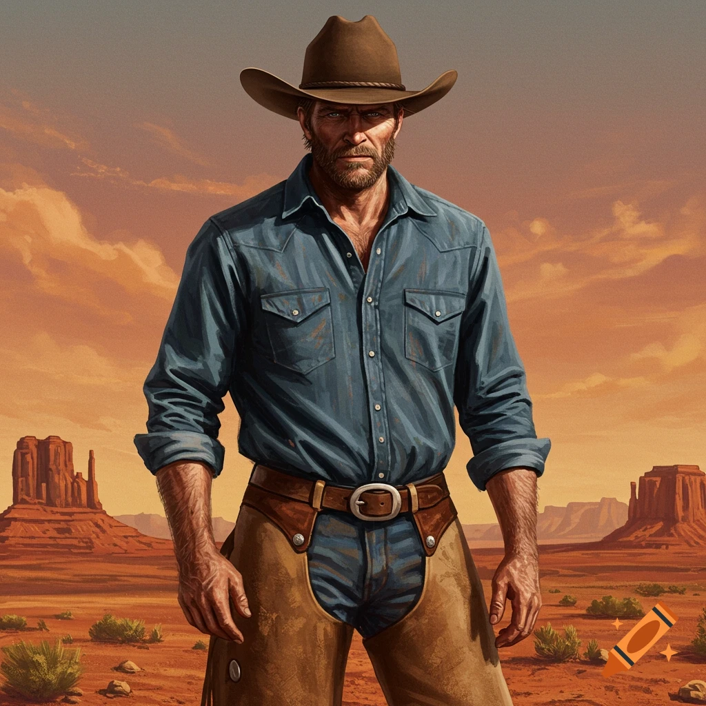 A rugged cowboy standing in a desert landscape.