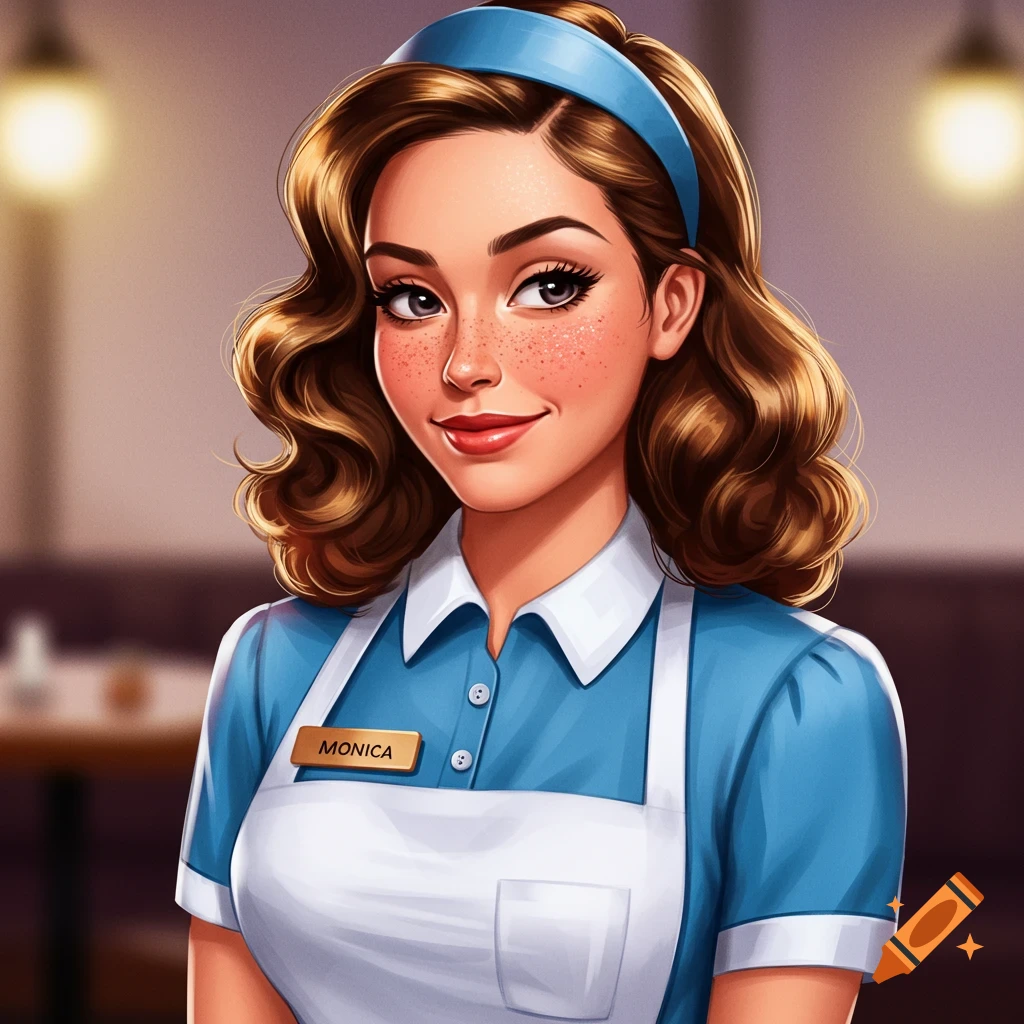 A smiling waitress named Monica with freckles, wearing a blue uniform and white apron.