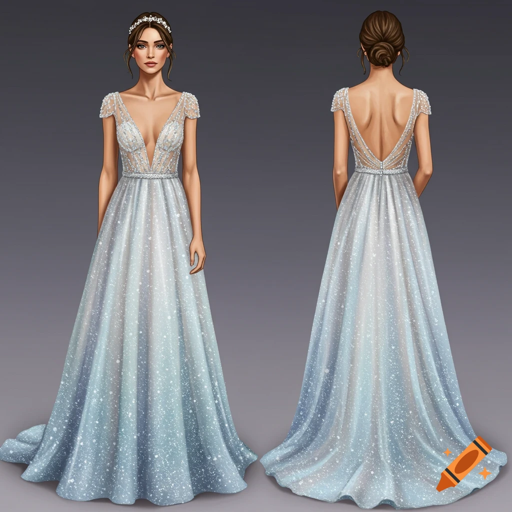 Digital illustration of front and back views of a woman in a sparkling blue ombre wedding dress.