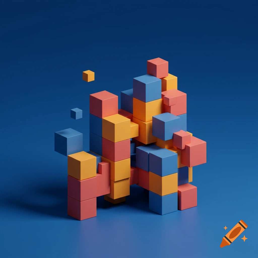 A cluster of red, orange, and blue geometric cubes against a blue background.