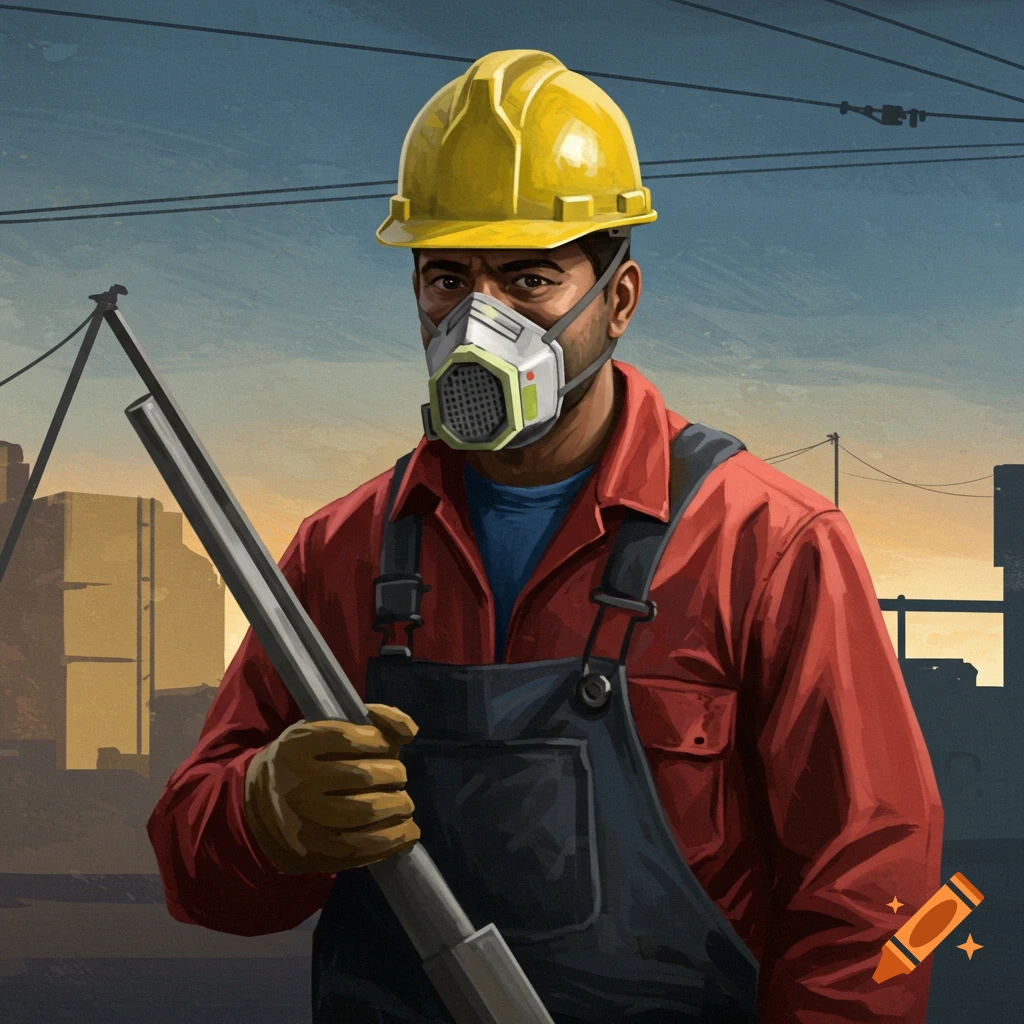 A construction worker with a hard hat and mask is holding a pipe.