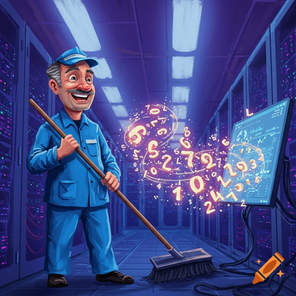 Illustration of a janitor sweeping glowing numbers and data from a computer screen in a server room.