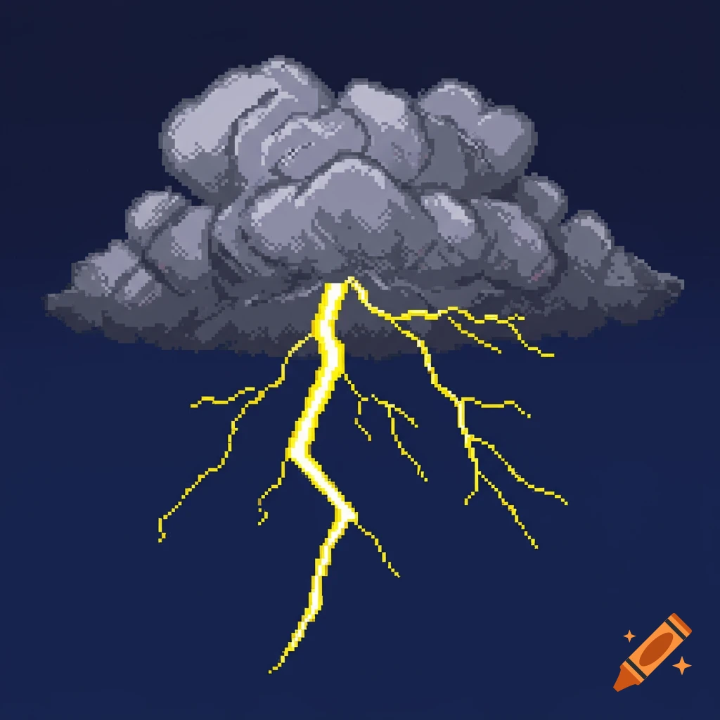 A pixel art illustration of a thundercloud with lightning striking