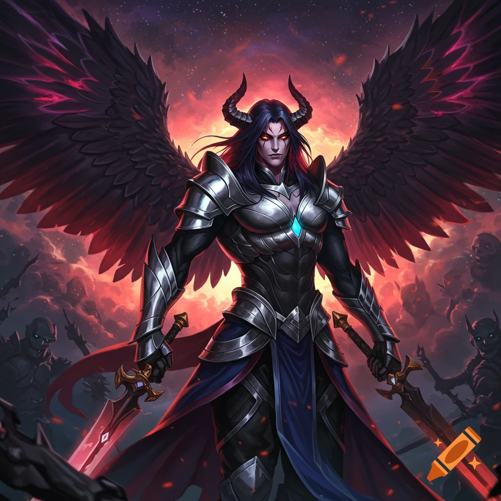 A person with black wings, horns, and dark armor is holding swords against a red sky.