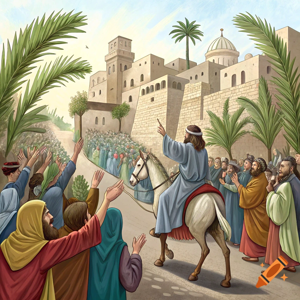 Figure on a donkey rides through a crowd waving palm fronds into a city, illustration style.