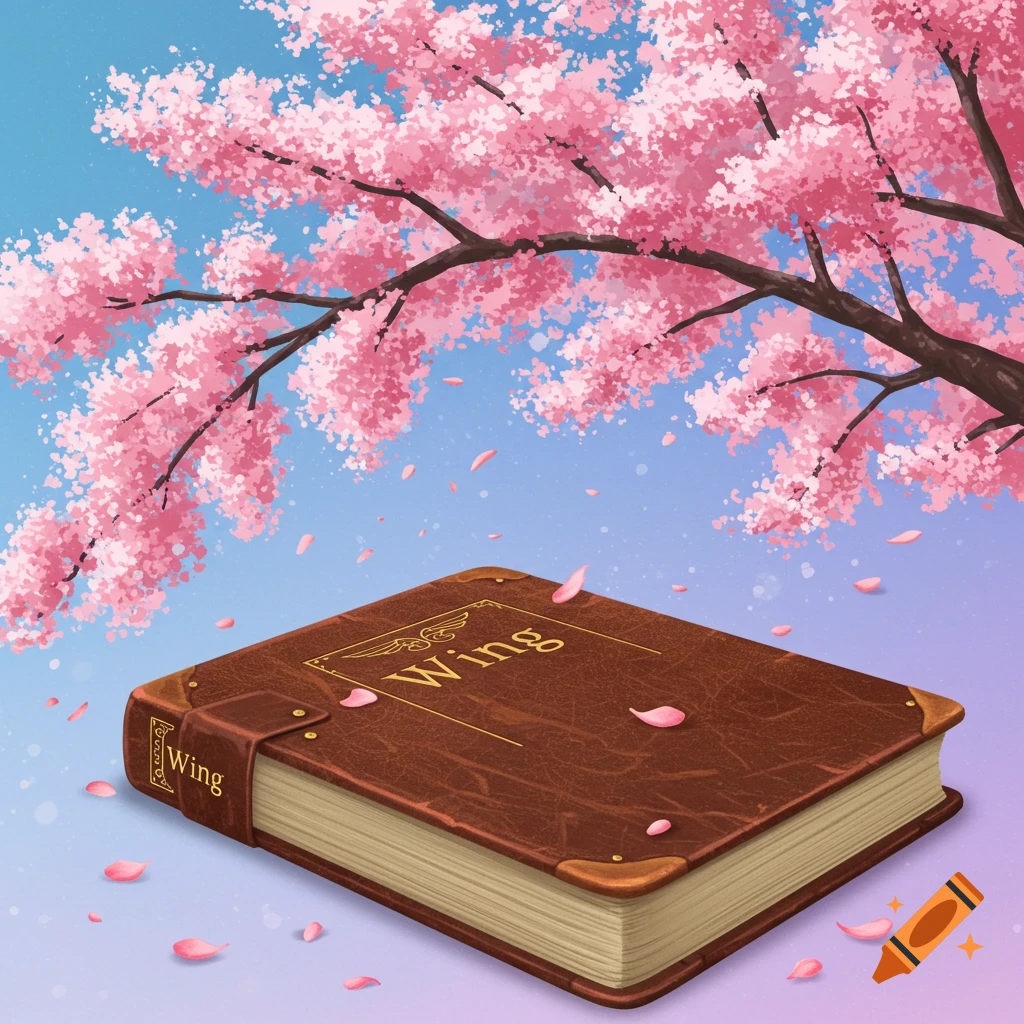 A brown book lies under a cherry tree with pink blossoms.