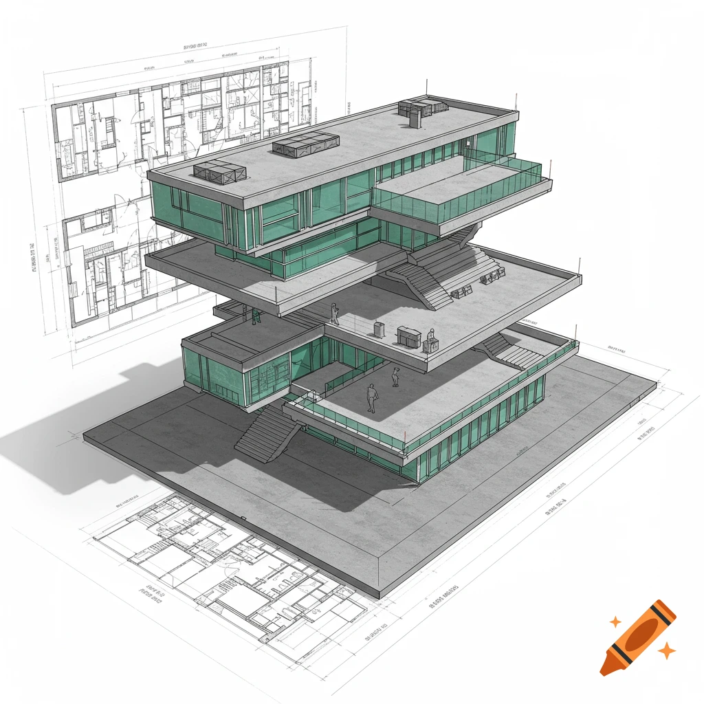 A 3D architectural rendering of a modern building with glass facades and balconies, shown with surrounding blueprints.