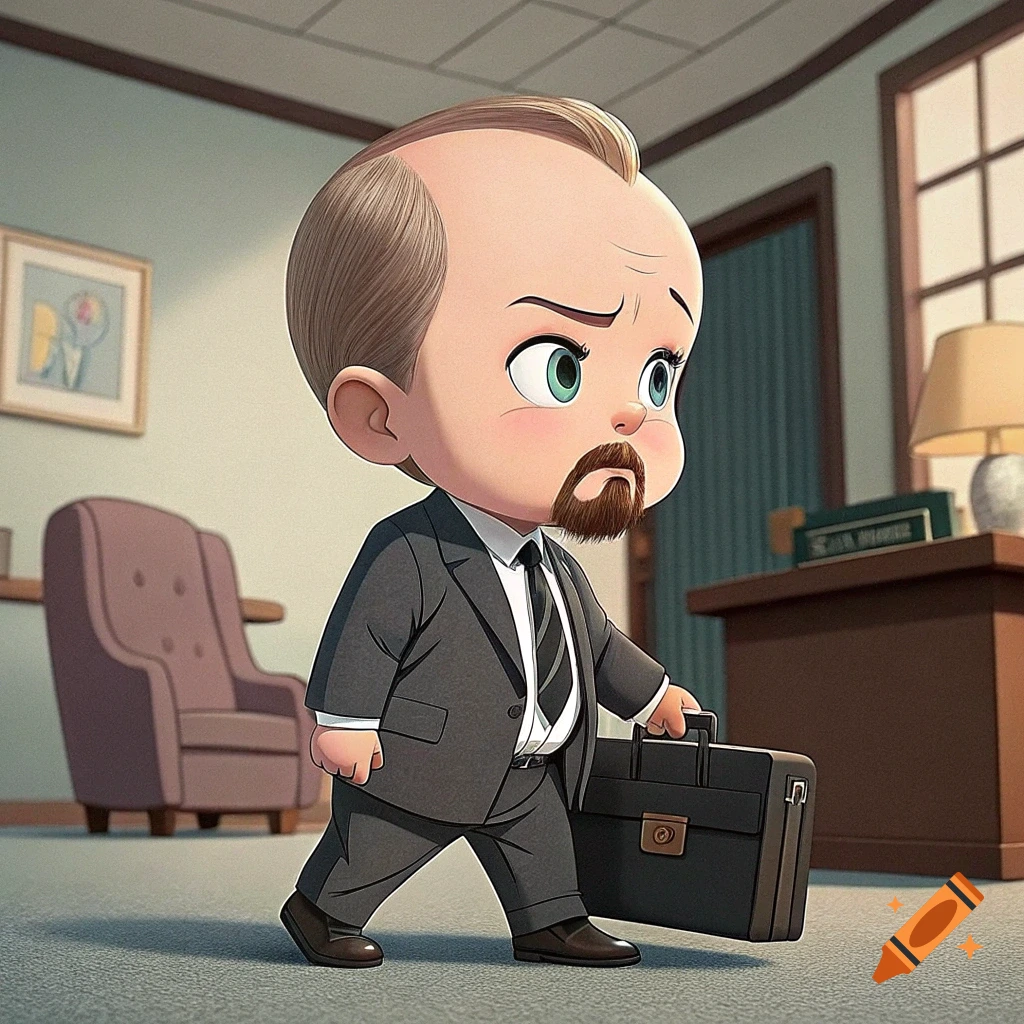 Cartoon character resembling Boss Baby in a suit carries a briefcase in an office.