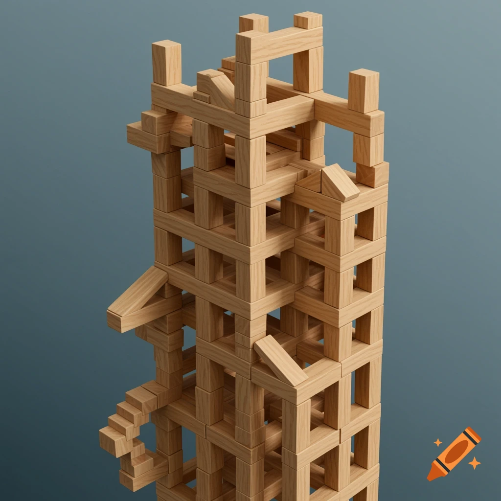 Hyperrealistic image of a tall, complex structure built from wooden blocks against a blue background.