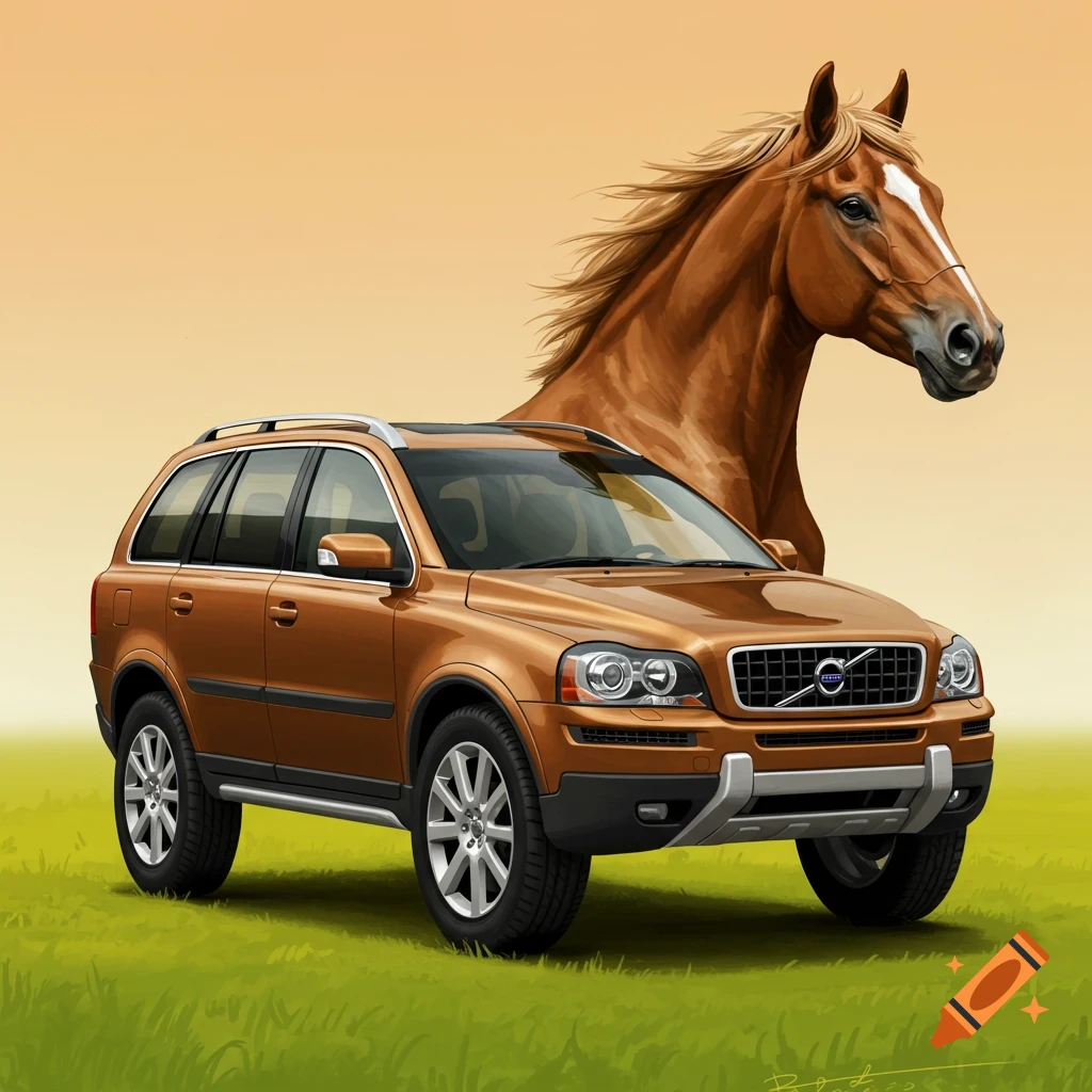 A brown Volvo XC90 car and a horse's head in a field.