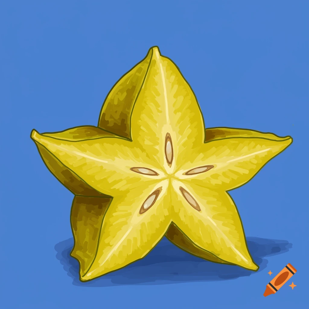 A drawing of a yellow star fruit slice on a blue background.